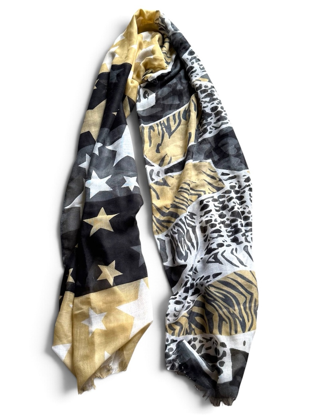 Joan Rivers Stars Animal Print Zebra Tiger Patchwork Scarf Shawl Gold Black
